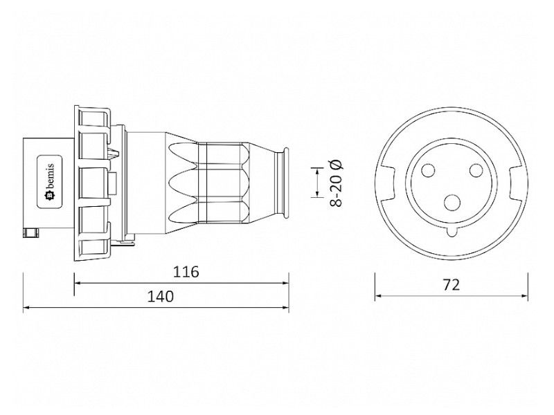 UTIKAČ UKO-UTO BEMIS IP67 16A 2P+E 220V BC1-1403-7011