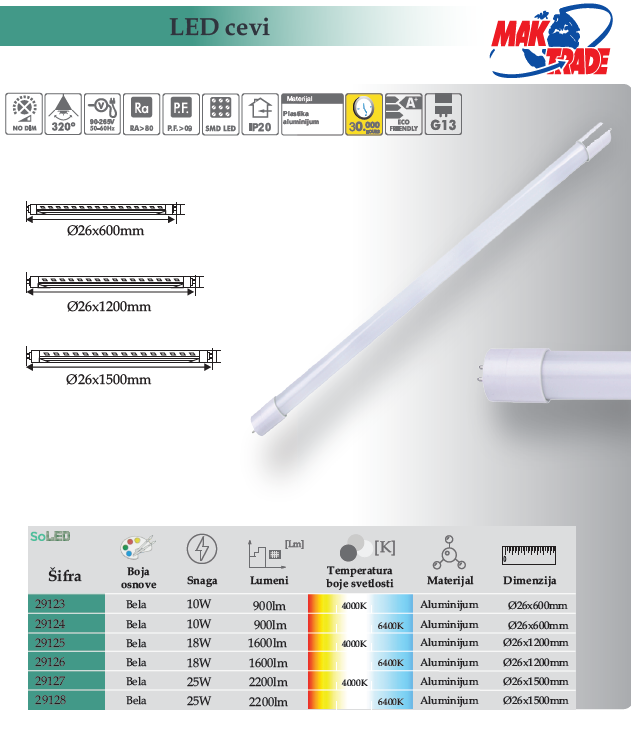 LED CEV SINGLE END SOLED 18W GRL4683-6  6400K 1200mm 1600lm