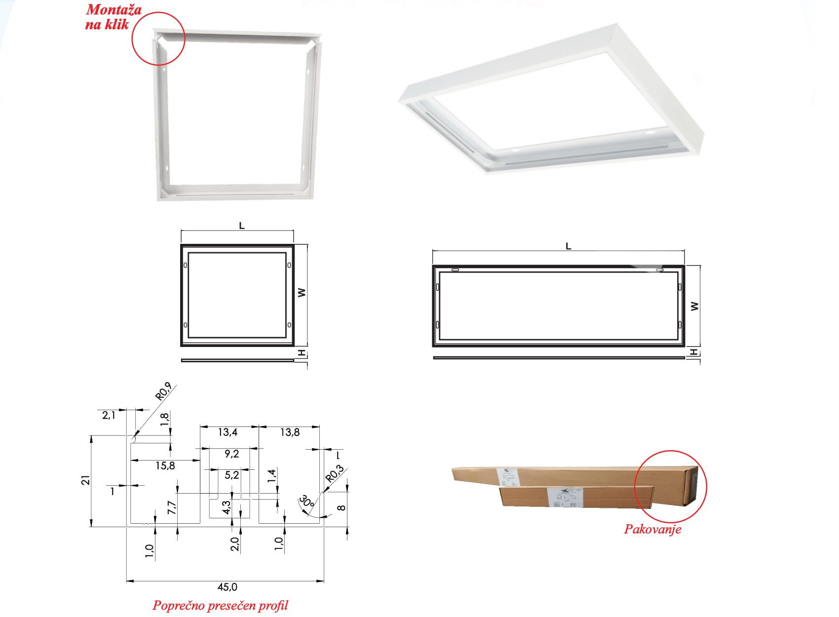 NADGRADNI RAM 600x600x45 ZA LED PANEL ALUMINIJUMSKI